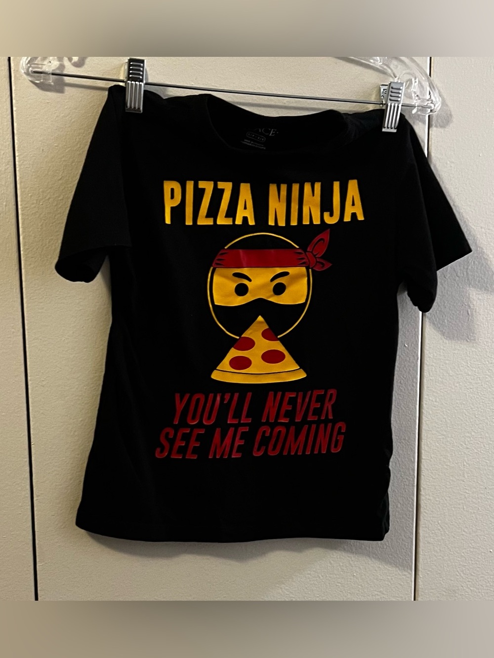 Children Place Kids "Pizza Ninja" Black Tee with Yellow & Red Graphics (Size 5-6